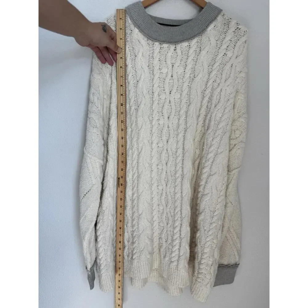 Free People‎ Olympia Tunic Sweater Cable Knit Oversized Comfy Boho White Gray S